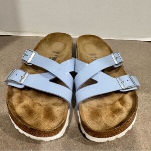 Birkenstock Women Yao Balance Size 9 Dove Blue Patent Leather Minimalist Sandals